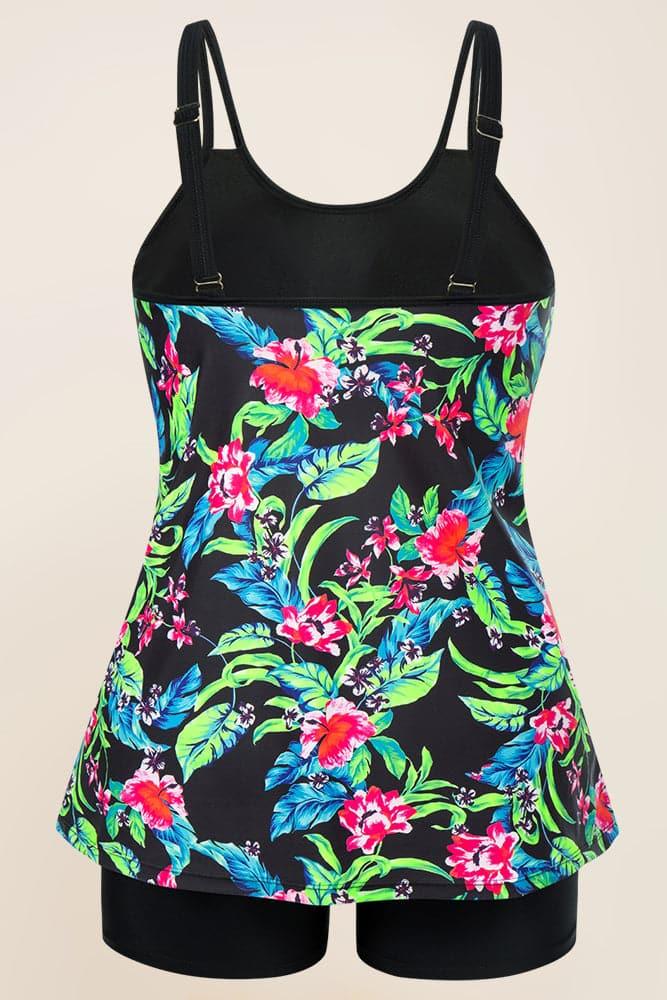 HN Women Plus Size 2pcs Set Swimsuit Tankini A-Line Padded Tops+Briefs Swimwear - Hanna Nikole#color_green-leaf
