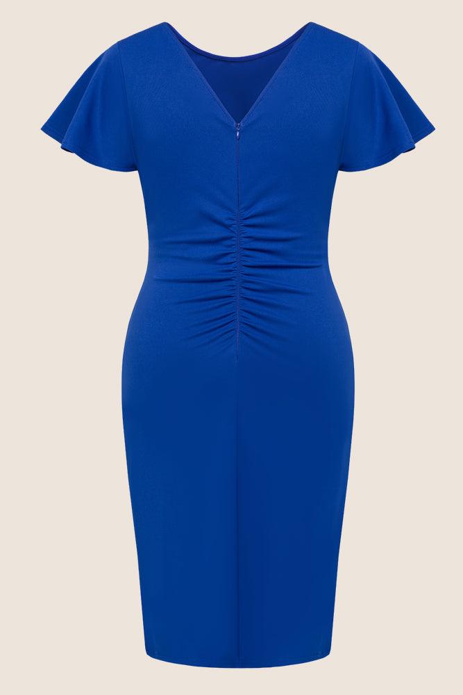 HN Women Plus Size Ruched Dress Short Sleeve Crew Neck Straight Midi Dress  - Hanna Nikole#color_blue