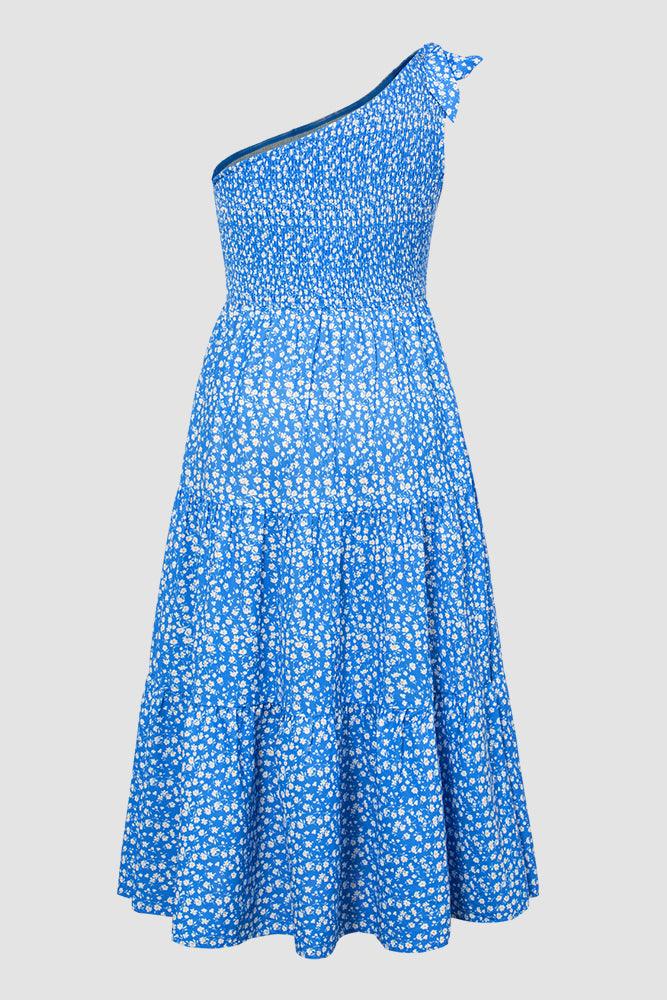 Women Plus Size Elastic Waist Midi Dress One-Shoulder A-Line Dress - Hanna Nikole#color_blue
