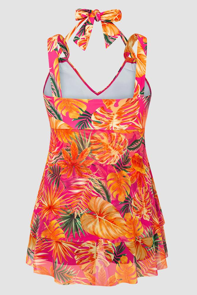 HN Women Plus Size 2pcs Set Swimsuit V-Neck Padded Swim Dress+Briefs Swimwear - Hanna Nikole#color_rose-red-print-flower