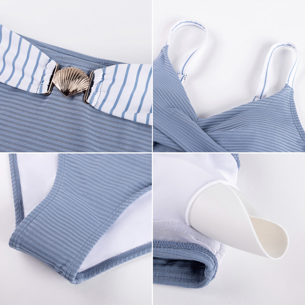 Hanna Nikole Womens High Waisted Bikini Sets, Textured Tummy Control Swimsuit, 2 Piece Twist Color Block Bathing Suits