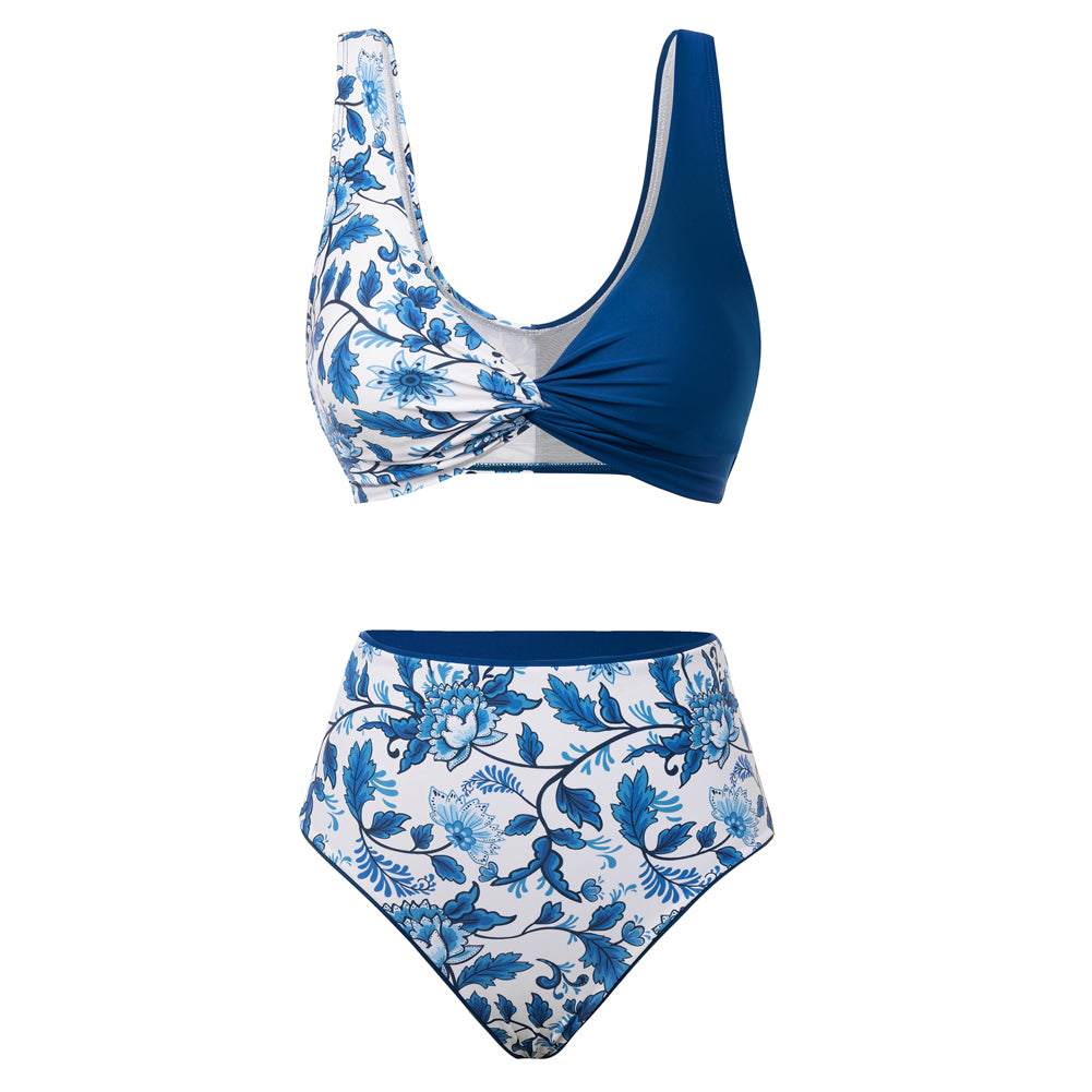 Hanna Nikole High Waisted Bikini Sets for Women, Color Block Swimsuits, Deep V Twist Front Bikini Top + Reversible Bottom