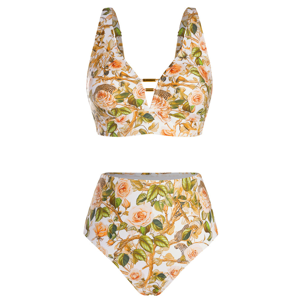 Hanna Nikole Womens High Waisted Bikini Sets Floral Print, 2 Piece Swimsuits Cutout, V Neck Bathing Suits Sexy Swimwear