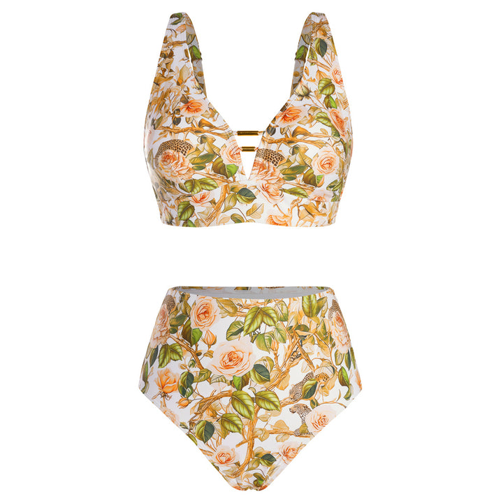 Hanna Nikole Womens High Waisted Bikini Sets Floral Print, 2 Piece Swimsuits Cutout, V Neck Bathing Suits Sexy Swimwear