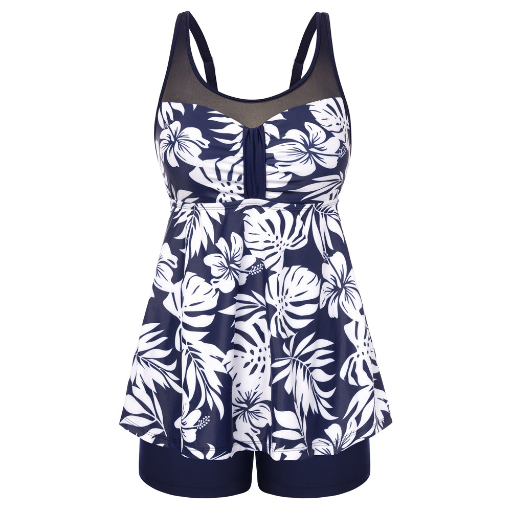 Hanna Nikole Women Two Piece Tankini Swimsuit Modest Bathing Suit Mesh Flowy Swim Top with Tummy Control Boy Shorts