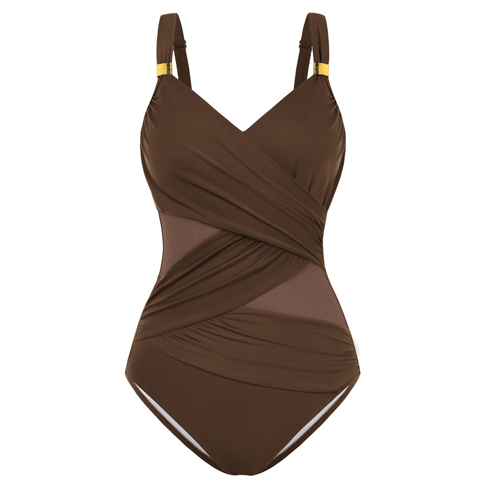 Hanna Nikole Women One Piece Swimsuit, Wrap Tummy Control Swim Bathing Suits, Modest Ruched V Neck Mesh Swimwear