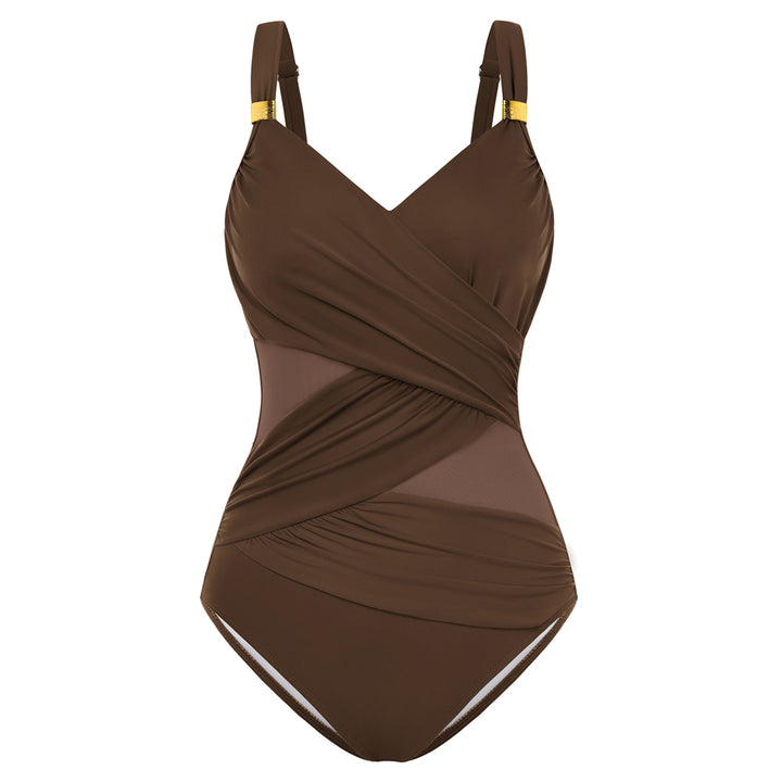 Hanna Nikole Women One Piece Swimsuit, Wrap Tummy Control Swim Bathing Suits, Modest Ruched V Neck Mesh Swimwear