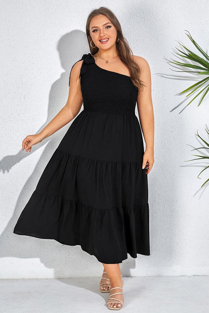 Women Plus Size Elastic Waist Midi Dress One-Shoulder A-Line Dress - Hanna Nikole#color_black