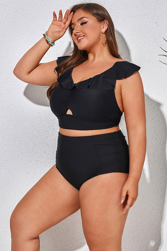 Women Plus Size 2pcs Set Swimsuit Padded V-Neck Swim Tops+Briefs - Hanna Nikole#color_black