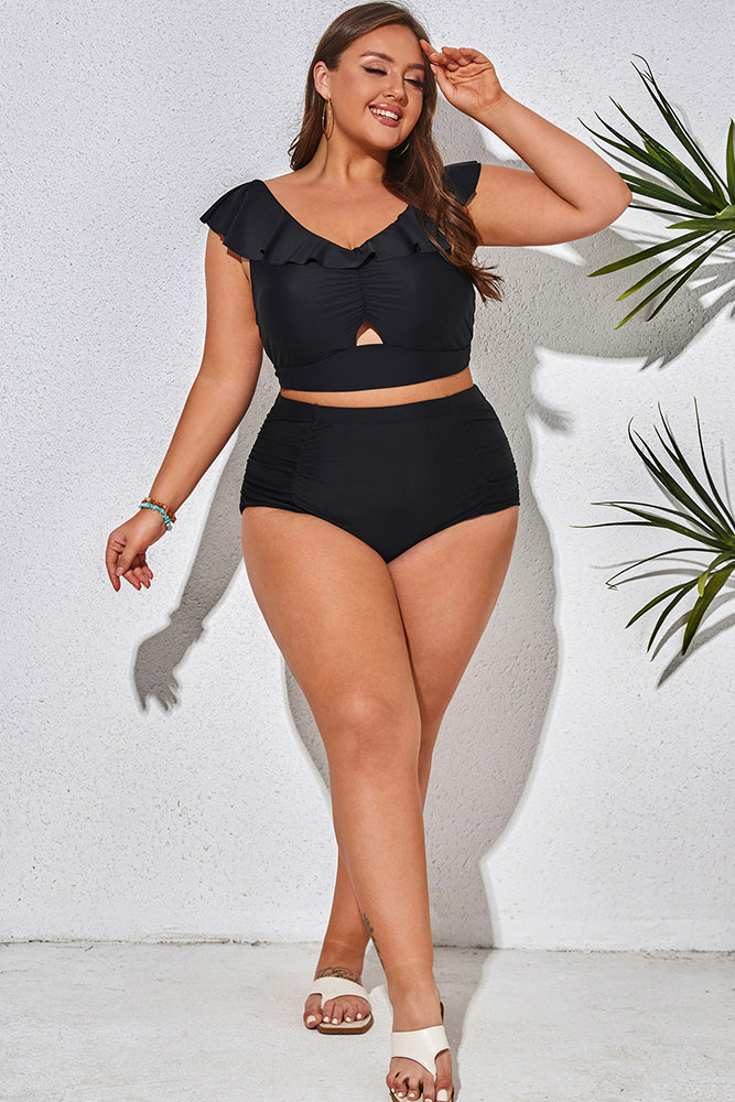 Women Plus Size 2pcs Set Swimsuit Padded V-Neck Swim Tops+Briefs - Hanna Nikole#color_black