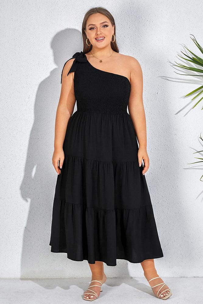 Women Plus Size Elastic Waist Midi Dress One-Shoulder A-Line Dress - Hanna Nikole#color_black