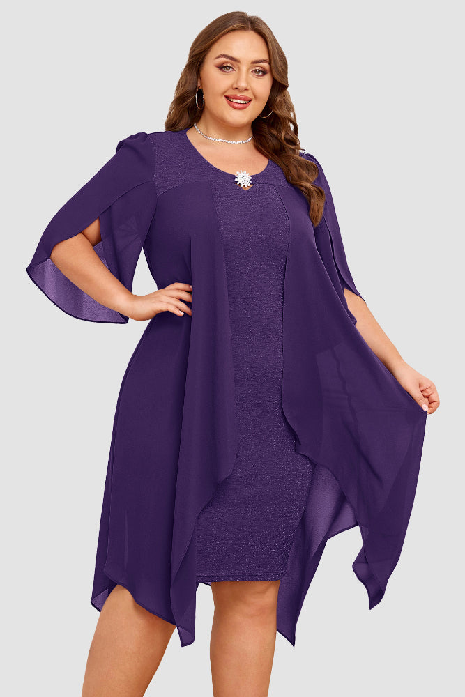 HN Women Plus Size Faux Twinset Dress 1/2 Petal Sleeve Crew Neck Bodycon DressHanna Nikole - Hanna Nikole#color_purple