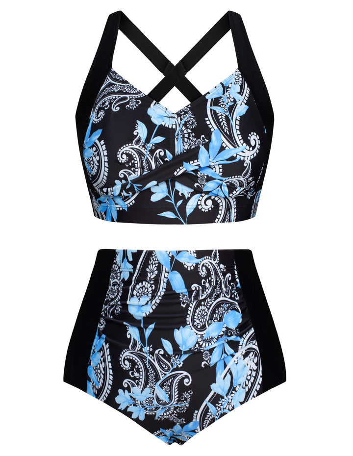 HN Women Contrast Color Swimsuit Knotted Bodice Padded Swim Tops+Ruched Briefs