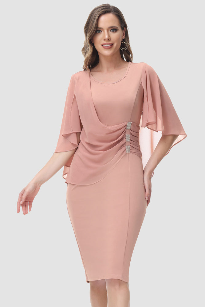 HN Women Chiffon Overlay Decorated Dress Crew Neck Back Slit Bodycon Dress