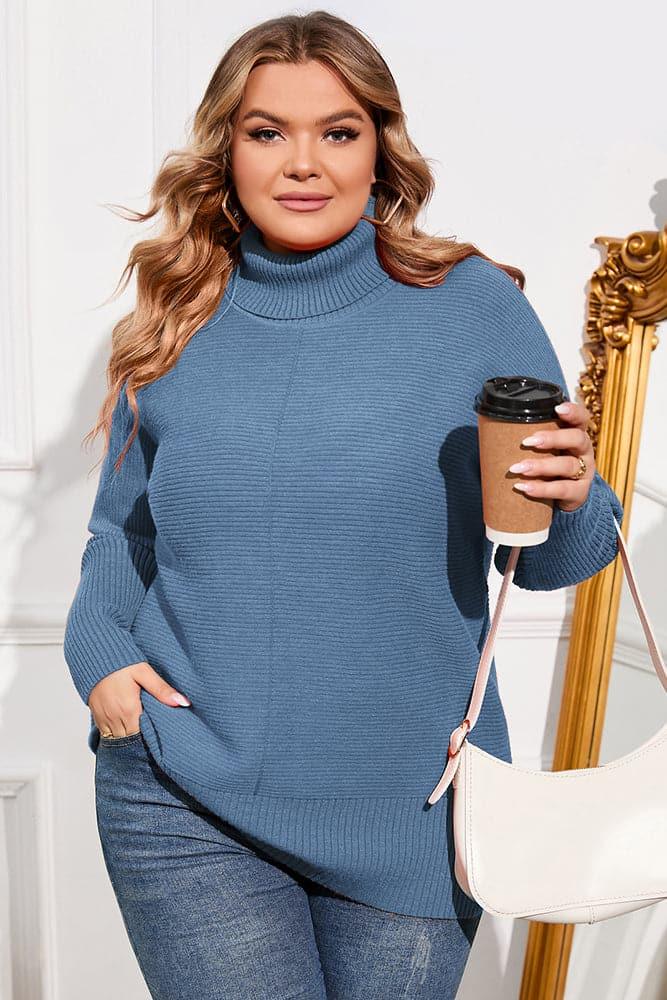 HN Women Plus Size Turtleneck Sweater Dropped Shoulder Side Slit Pullover - Hanna Nikole