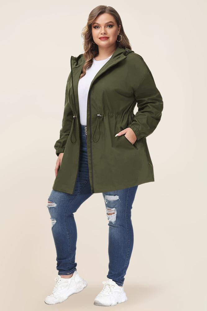 HN Women Plus Size Drawstring Waist Rain Coat Above Knee HN Women Plus Size Drawstring Waist Rain Coat Above Knee