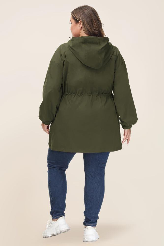 HN Women Plus Size Drawstring Waist Rain Coat Above Knee Hooded Rain Jacket - Hanna Nikole
