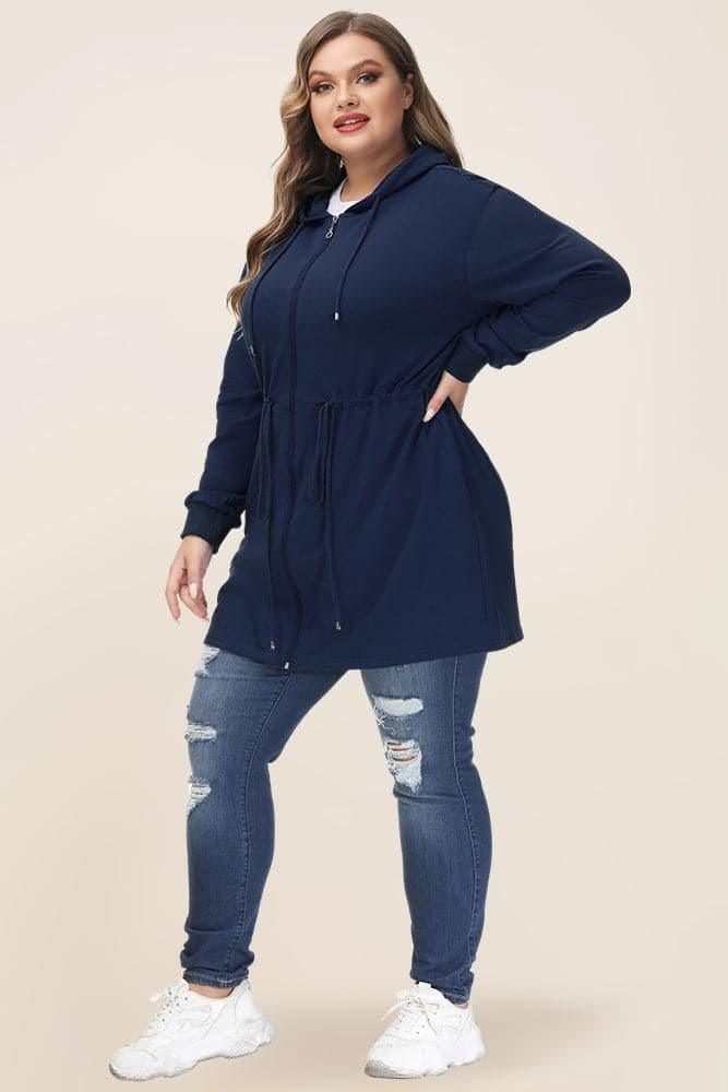 HN Women Plus Size Drawstring Waist Coat Long Sleeve Zip-up Hooded Coat - Hanna Nikole