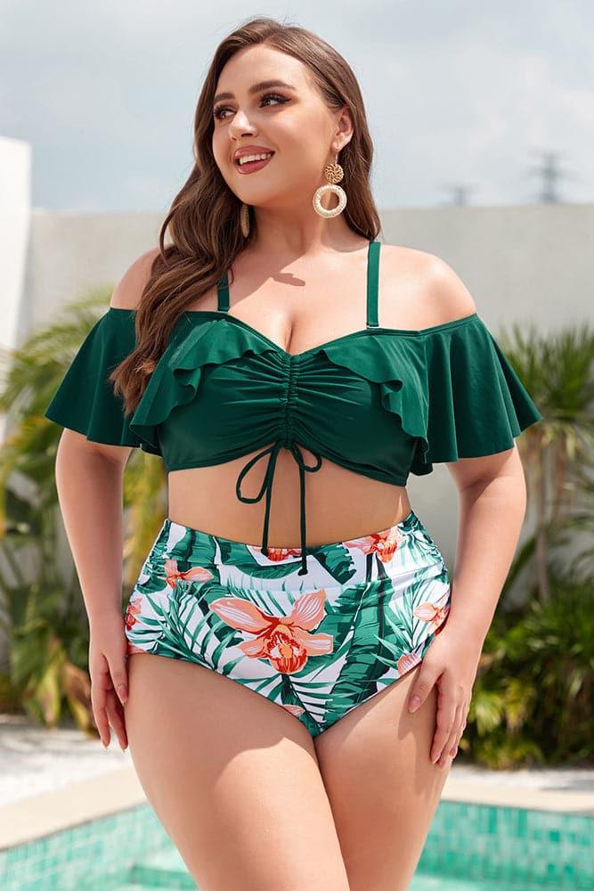 HN Women Plus Size 2pcs Set Swimsuit Padded Swim Tops+High Waist Ruched Briefs - Hanna Nikole#color_white-background-printing