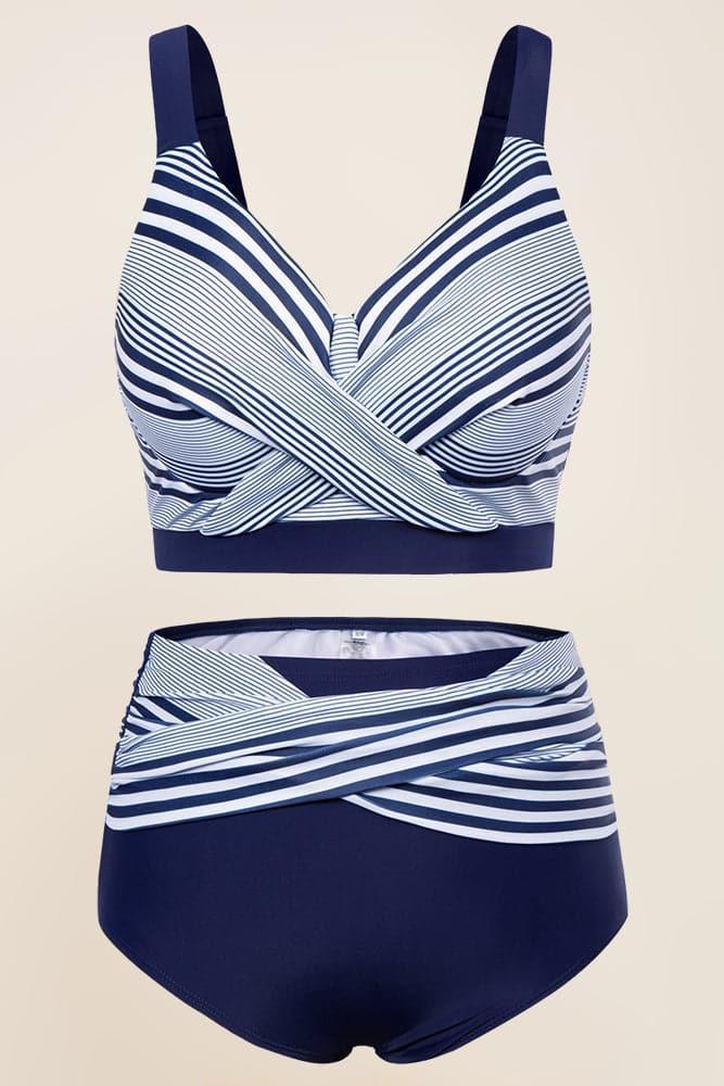 HN Women Plus Size 2pcs Set Swimsuit Cross Over Padded Tops+High Waist Briefs - Hanna Nikole#color_navy-stripes