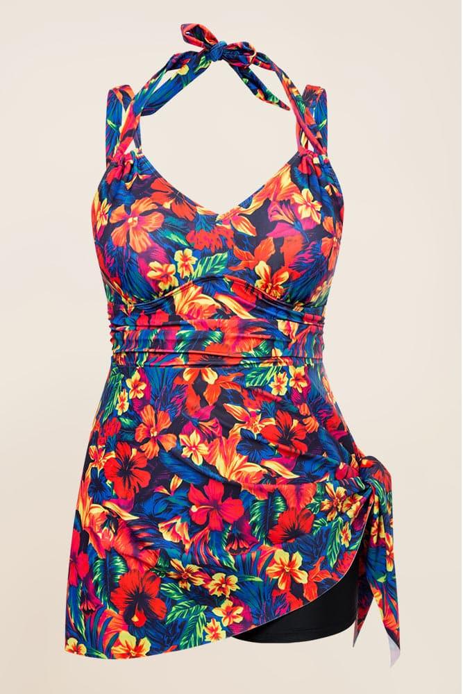 HN Women Plus Size 2pcs Set Irregular Hem Padded Dress+Briefs Swimwear - Hanna Nikole#color_colorful-flowers