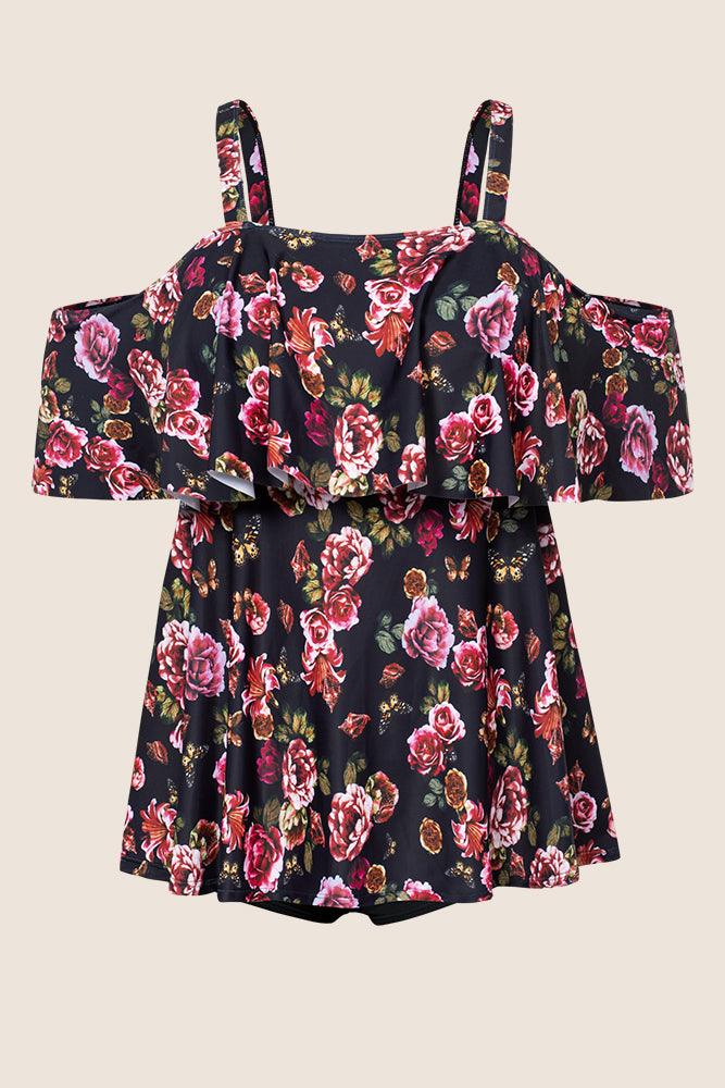 HN Women Plus Size 2pcs Set Swim Suit Padded Swim Tops+High Waist Briefs - Hanna Nikole#color_rose-print