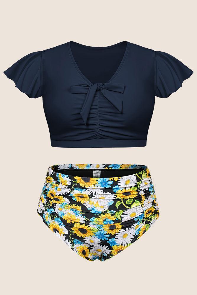 HN Women Plus Size 2pcs Swimsuit V-Neck Padded Swim Tops+High Waist Briefs - Hanna Nikole#color_daisy