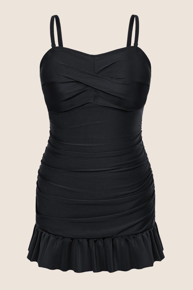 HN Women Plus Size 2pcs Set Swimsuit Ruffled Hem Padded Swim Dress+Briefs - Hanna Nikole#color_black