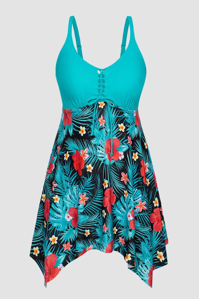 HN Women Plus Size Swim Dress with Attached Briefs V-Neck Irregular Hem Swimwear - Hanna Nikole