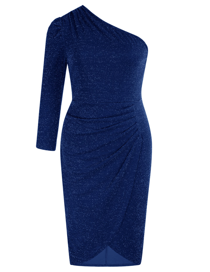 HN Ruched Party Long Sleeve Oblique Neck Dress