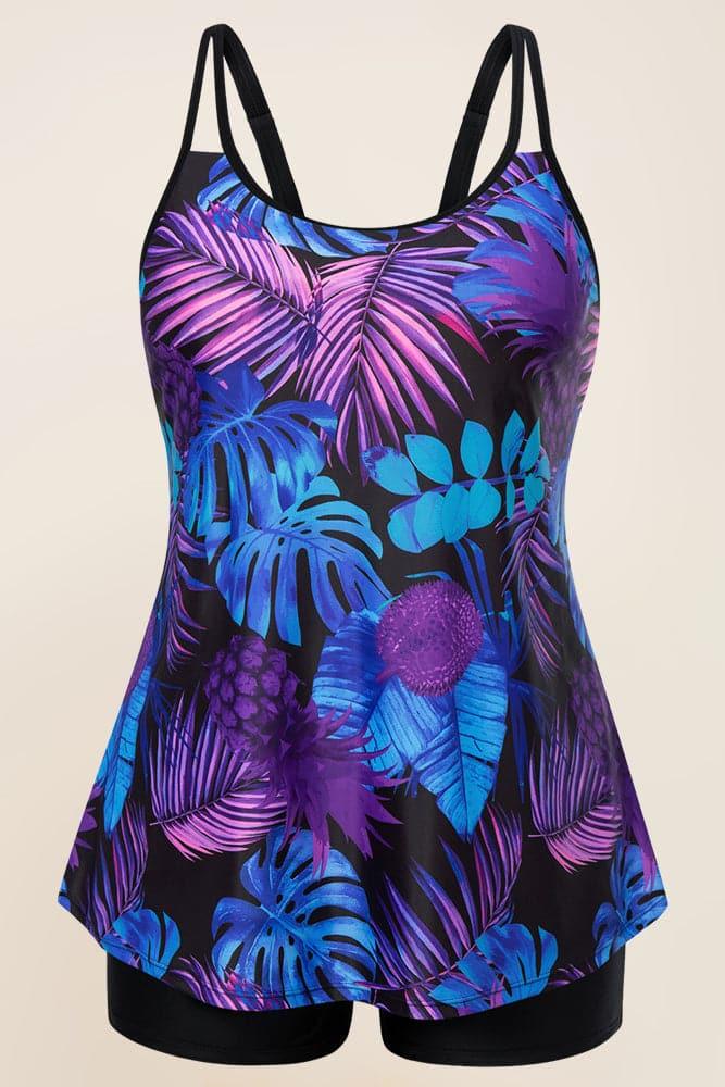 HN Women Plus Size 2pcs Set Swimsuit Tankini A-Line Padded Tops+Briefs Swimwear - Hanna Nikole#color_purple-print