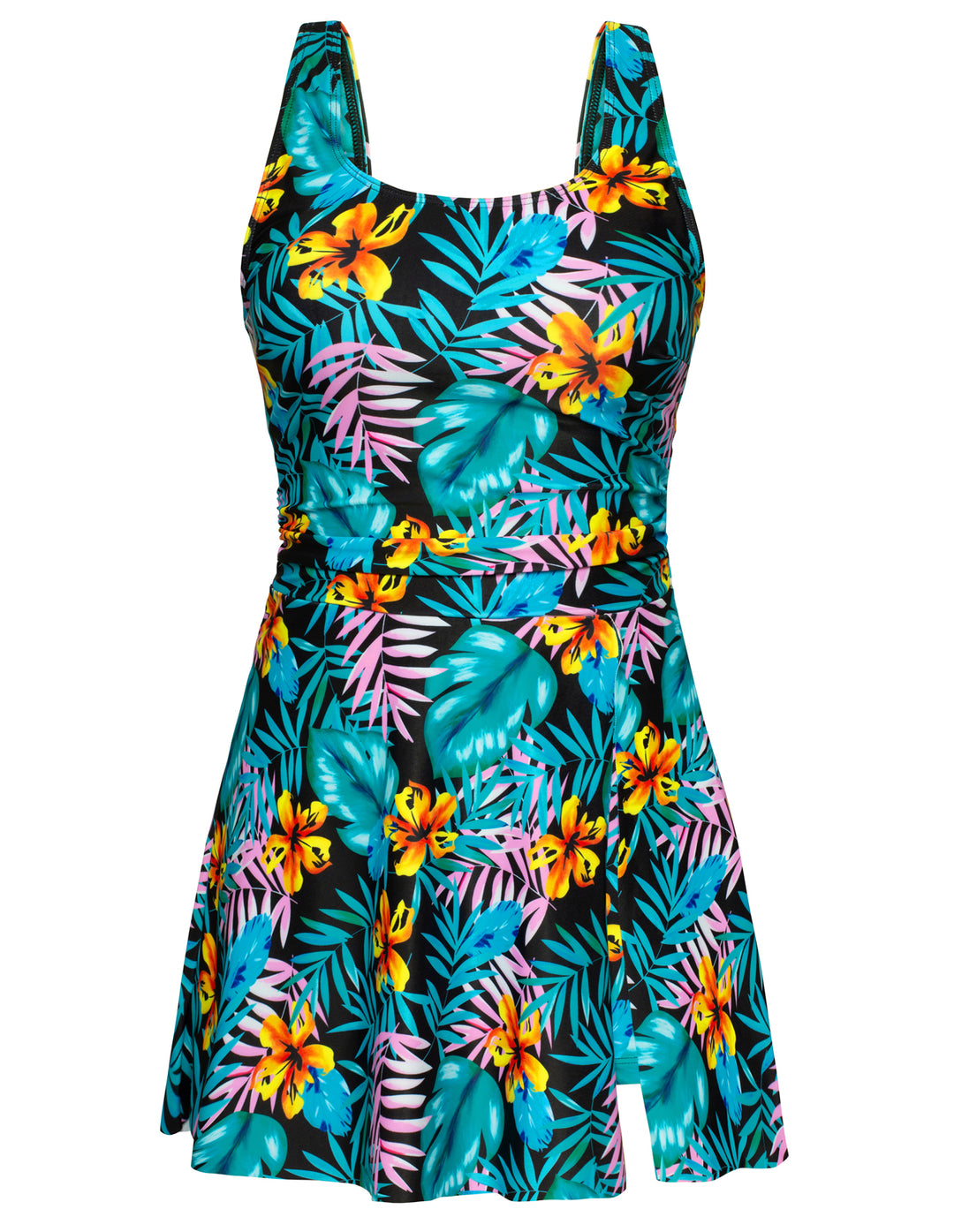 KK Women 2pcs Set Swimsuit Front Slit Padded Swim Dress+High Waist Briefs