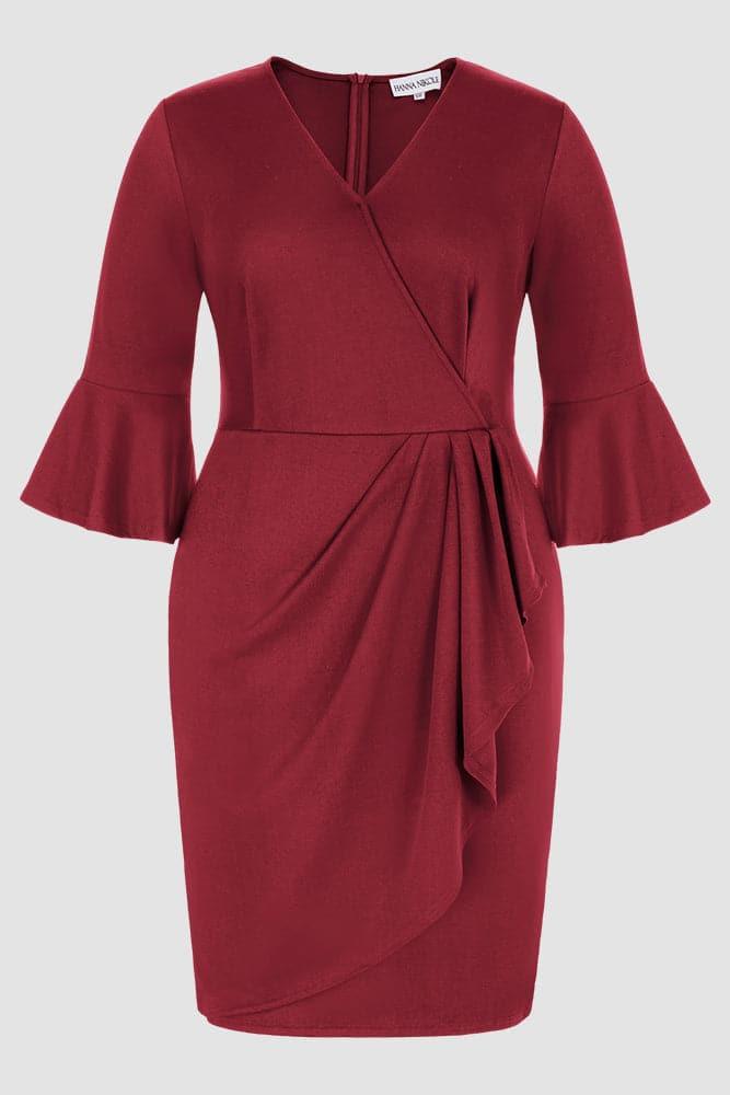 HN Overlay Decorated 3/4 Sleeve V-Neck Straight Dress - Hanna Nikole#color_dark-red