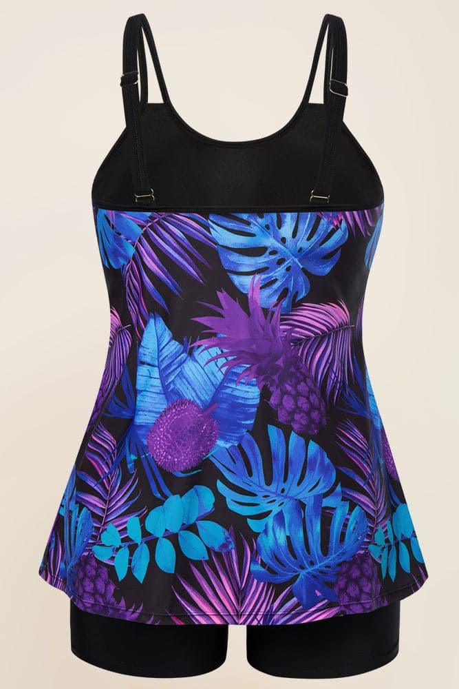 HN Women Plus Size 2pcs Set Swimsuit Tankini A-Line Padded Tops+Briefs Swimwear - Hanna Nikole#color_purple-print