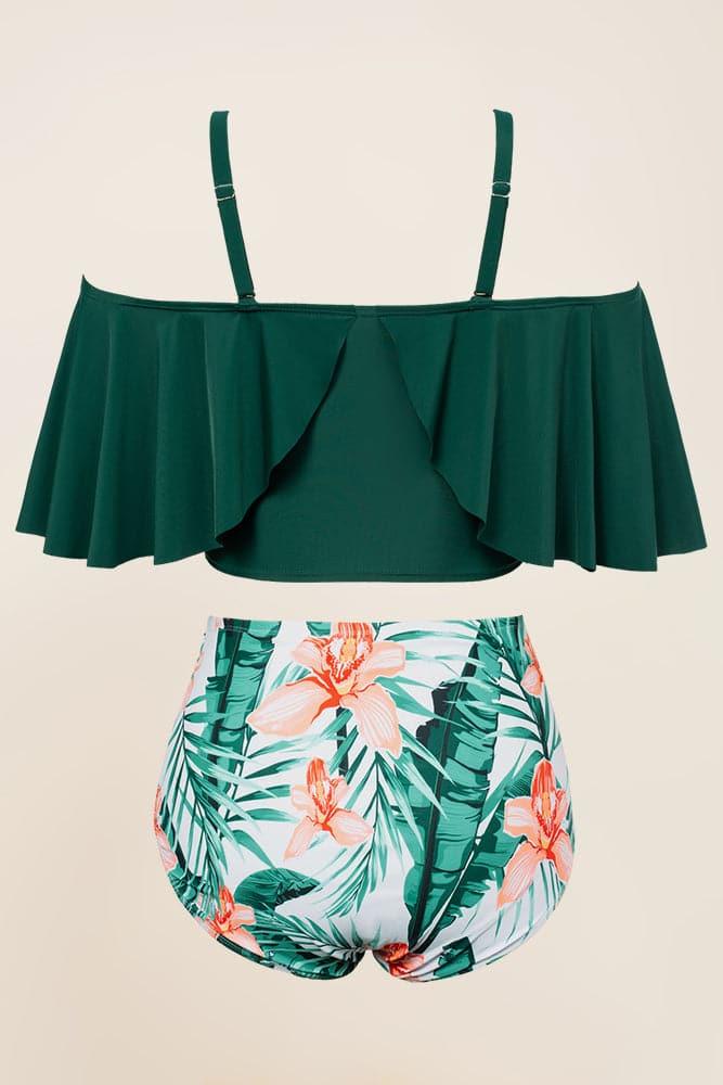 HN Women Plus Size 2pcs Set Swimsuit Padded Swim Tops+High Waist Ruched Briefs - Hanna Nikole#color_white-background-printing