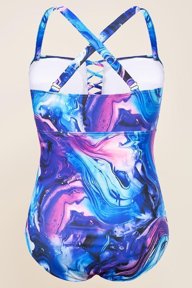 HN Purple Waves Plus Size Hollowed-out Bathing Suit Cross Back Ruched Swimwear - Hanna Nikole#color_purple-waves