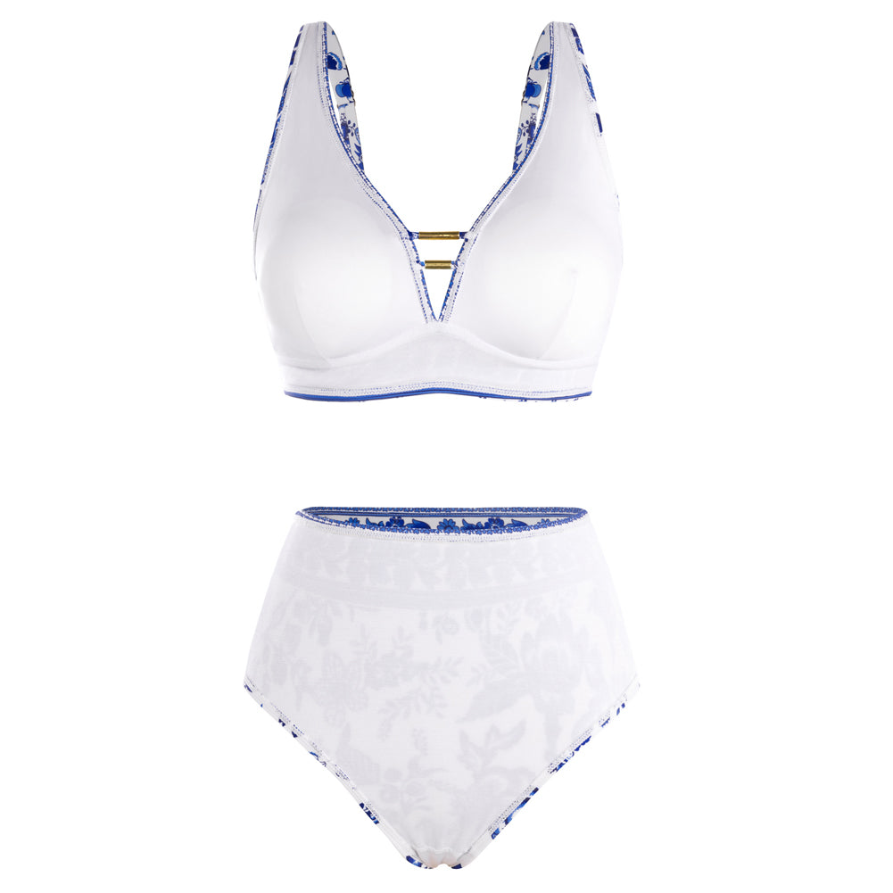 Hanna Nikole Womens High Waisted Bikini Sets Floral Print, 2 Piece Swimsuits Cutout, V Neck Bathing Suits Sexy Swimwear