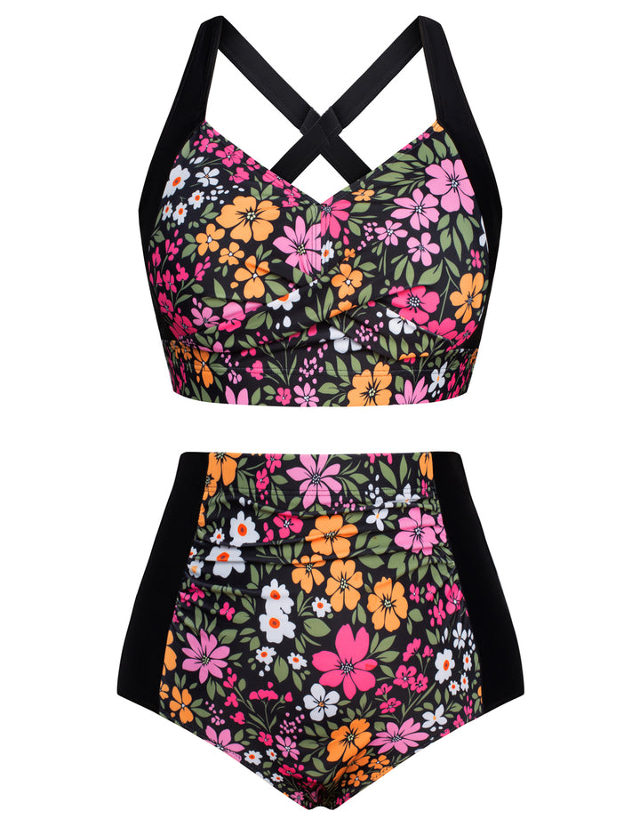 HN Women Contrast Color Swimsuit Knotted Bodice Padded Swim Tops+Ruched Briefs