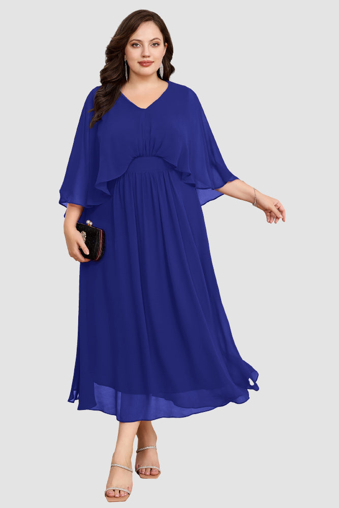 HN Chiffon Party Cape Sleeve V-Neck Defined Waist Dress - Hanna Nikole#color_royal-blue