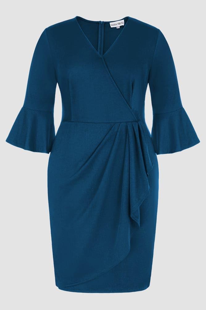 HN Overlay Decorated 3/4 Sleeve V-Neck Straight Dress - Hanna Nikole#color_peacock-blue