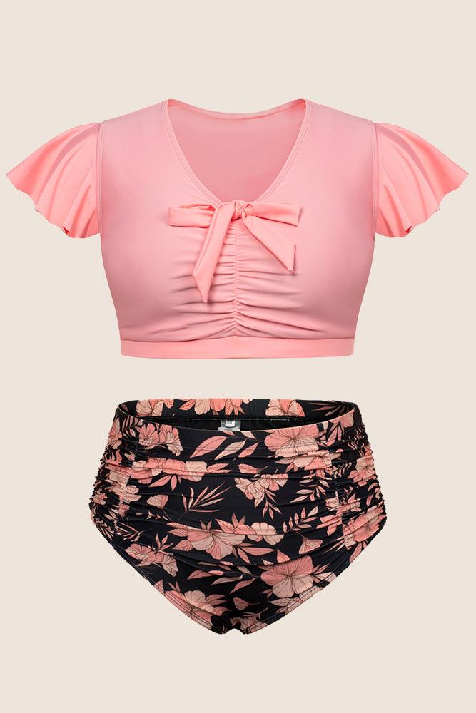 HN Women Plus Size 2pcs Swimsuit V-Neck Padded Swim Tops+High Waist Briefs - Hanna Nikole#color_pink-flower