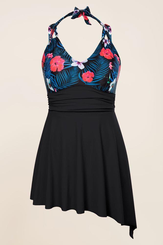 HN Women Plus Size 2pcs Set Irregular Hem Padded Dress+Briefs Swimwear - Hanna Nikole#color_red-black-flowers