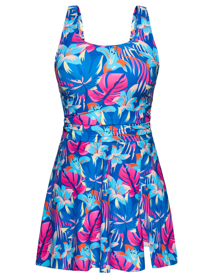 KK Women 2pcs Set Swimsuit Front Slit Padded Swim Dress+High Waist Briefs