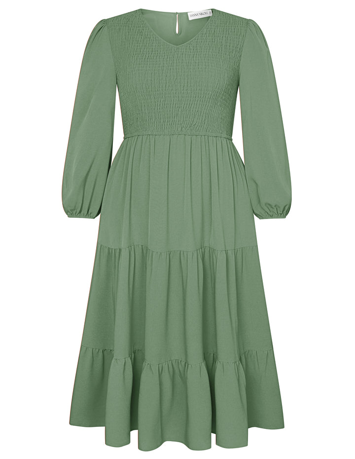 HN Women Plus Size Elastic Waist Dress Long Sleeve V-Neck Tiered A-Line Dress