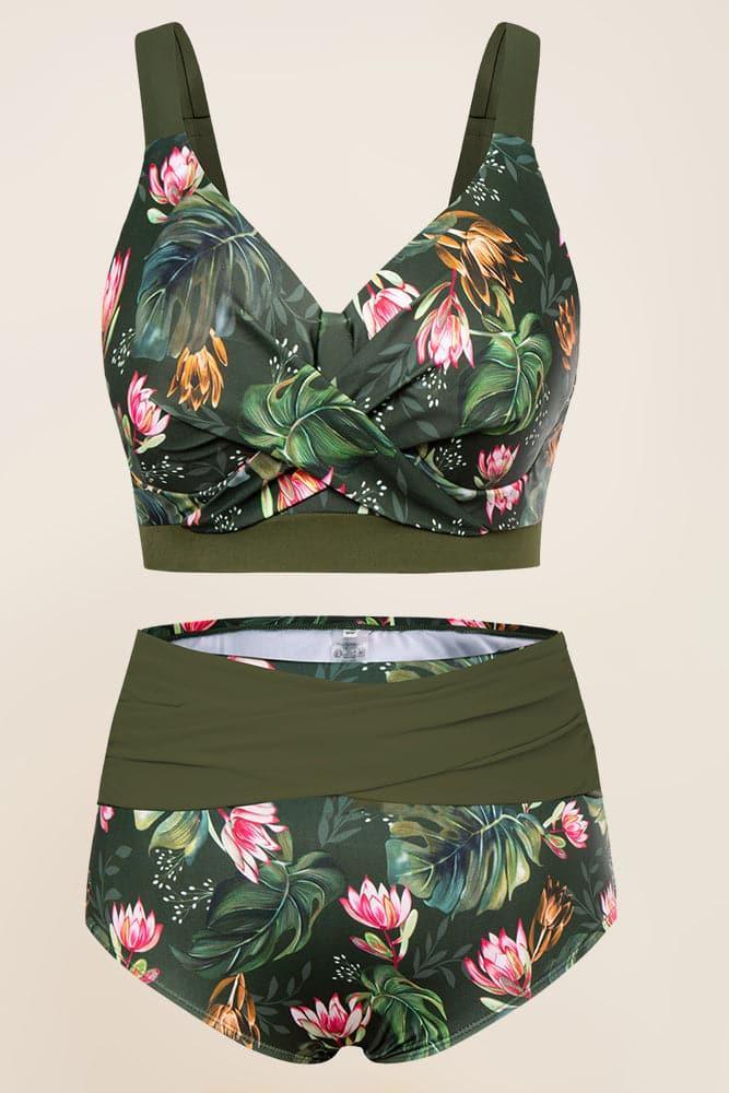 HN Women Plus Size 2pcs Set Swimsuit Cross Over Padded Tops+High Waist Briefs - Hanna Nikole