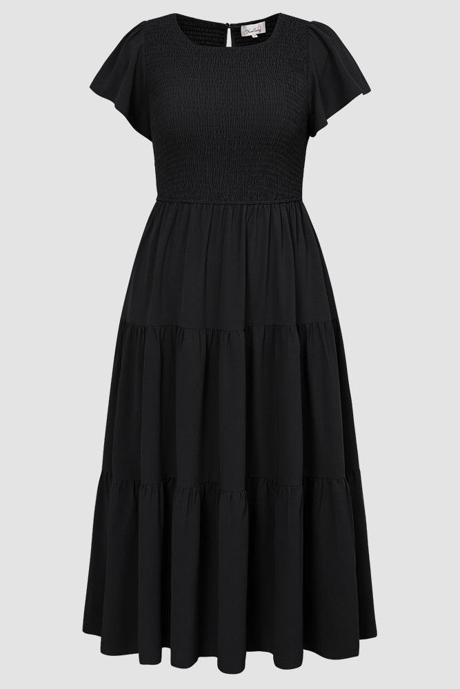 Plus Size Tiered Dress Short Sleeve Crew Neck A-Line Dress - Hanna Nikole#color_black