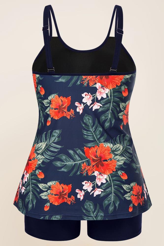 HN Women Plus Size 2pcs Set Swimsuit Tankini A-Line Padded Tops+Briefs Swimwear - Hanna Nikole#color_navy-blue-flower