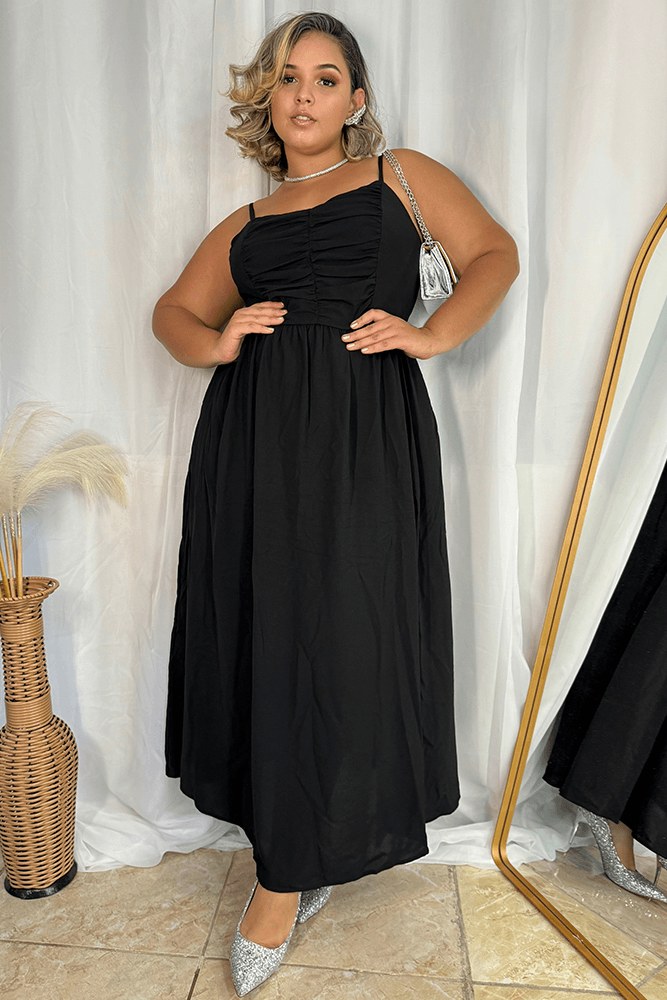HN Black Plus Size V-Neck Maxi Dress Spaghetti Straps Ruched A-Line Dress - Hanna Nikole