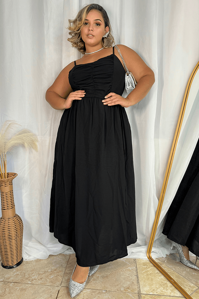 HN Black Plus Size V-Neck Maxi Dress Spaghetti Straps Ruched A-Line Dr Hanna Nikole HN Black Plus Size V-Neck Maxi Dress Spaghetti Straps Ruched A-Line Dr Hanna Nikole