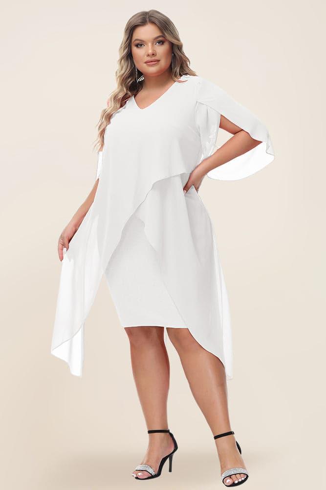 HN Faux Twinset Party 3/4 Petal Sleeve Irregular Hem Dress - Hanna Nikole#color_white